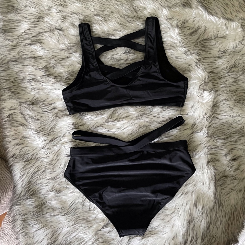 Solid Black High Waisted Flattering Strappy Bikini - Picture 8 of 9